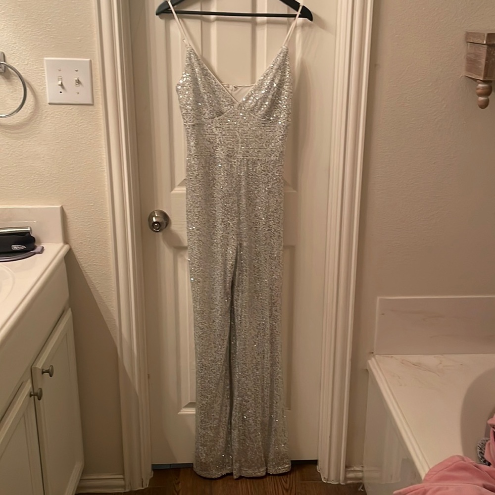 Lulus silver and white sequin jumpsuit